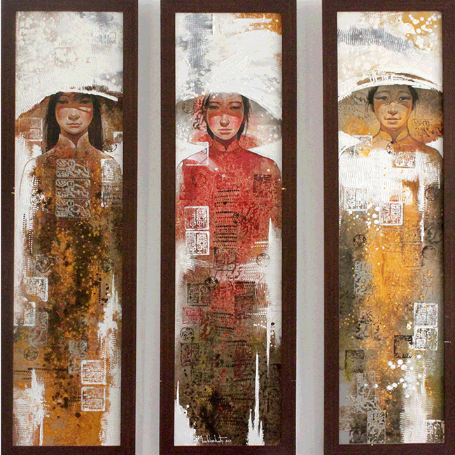 Lim Khim Ka Ty, Women Under Sunshine, 35 x 105cm (three panels), Oil on canvas