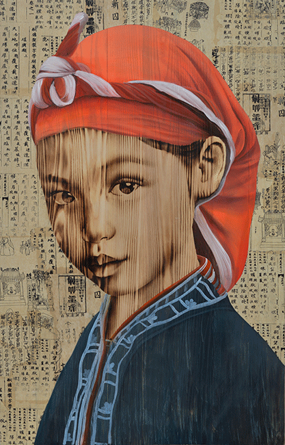 Red-zao-girl---woodburn-and-mix-media-on-wood-120x77-2019