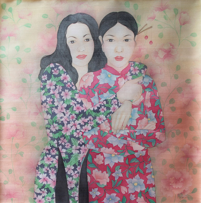 NTCG_ Chị Em 2_ Sisters 2_2020_Water color and pigment on silk_80 x 80 cm