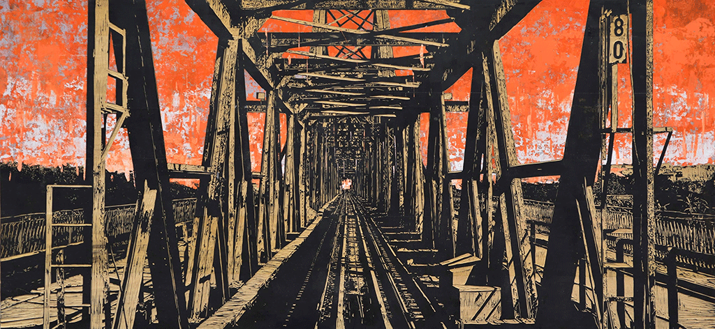 NVS_Long-Bien-Bridge,-Cau-Long-Bien,-2020,-Wood-engraving-and-mix-media-on-wood,-88-x-198-cm