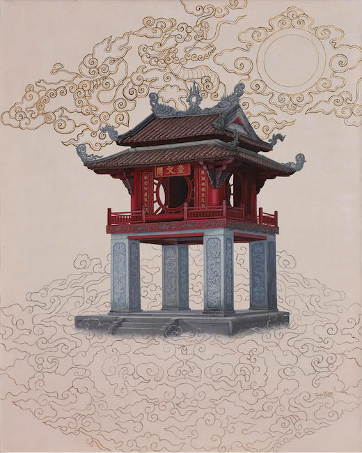 NTD_Dau Xua Van Hien_Literature Temple_2022_Mixed media, acrylic, gold leaves, silver leaves and lacquer_100 x 80 cm