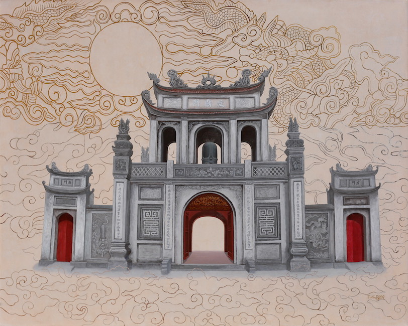NTD_Hon Xua Luu Dau_Literature Temple 2_2022_Mixed media, acrylic, gold leaves, silver leaves and lacquer_100 x 80 cm