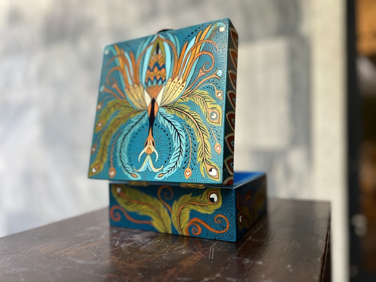 Peacock box 2021 Acrylic paint on wooden box 14.5W x 15L x 7.5H (2)